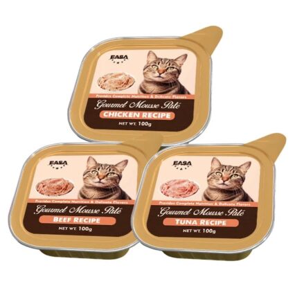 EASA Gourmet Mousse Pâté cat food packaging with nutrition details and feeding instructions.